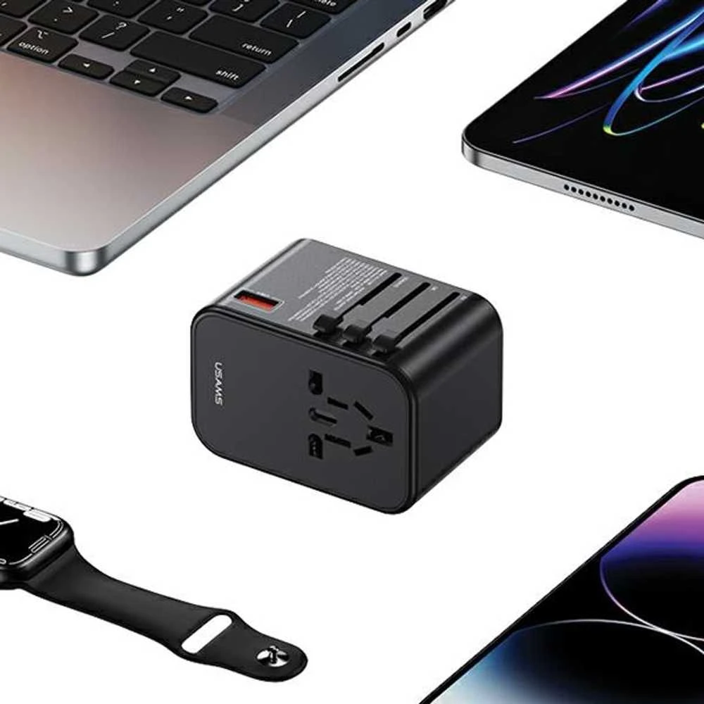 USAMS Adapteris network 1xUSB+2xUSB-C T62 65W4in1 US/AU/EU/UK juodas/juodas CC199TC01 (US-CC199) Univesa