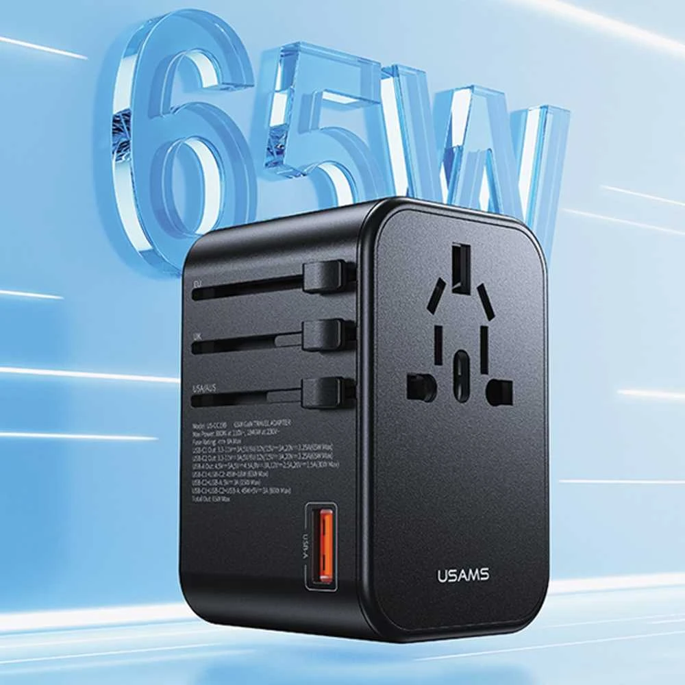 USAMS Adapteris network 1xUSB+2xUSB-C T62 65W4in1 US/AU/EU/UK juodas/juodas CC199TC01 (US-CC199) Univesa