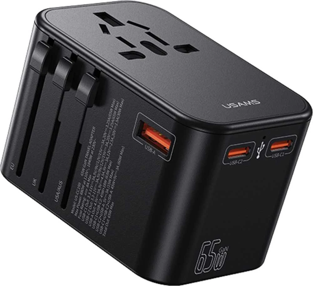 USAMS Adapteris network 1xUSB+2xUSB-C T62 65W4in1 US/AU/EU/UK juodas/juodas CC199TC01 (US-CC199) Univesa