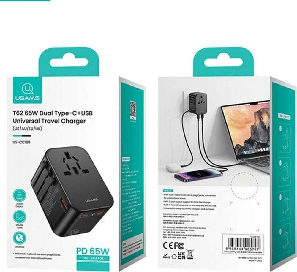 USAMS Adapteris network 1xUSB+2xUSB-C T62 65W4in1 US/AU/EU/UK juodas/juodas CC199TC01 (US-CC199) Univesa