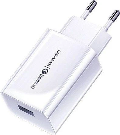 USAMS laidinis įkroviklis 1xUSB T22 18W 3A QC3.0 (tik galvutė) greitas įkrovimas baltos spalvos CC83TC01 (US-CC083)