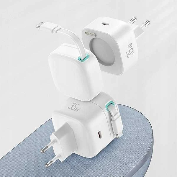 USAMS įkroviklis 1xUSB-C su ištraukiamu USB-C laidu (tik antgalis) PD+QC 35W Gan Fast Charging juodos spalvos