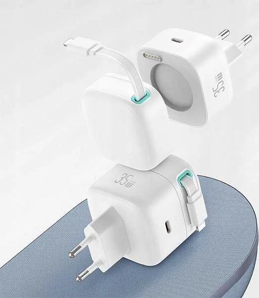 USAMS įkroviklis 1xUSB-C su ištraukiamu laidu „Lightning“ (tik antgalis) PD+QC 35W Gan greitas įkrovimas juodos spalvos