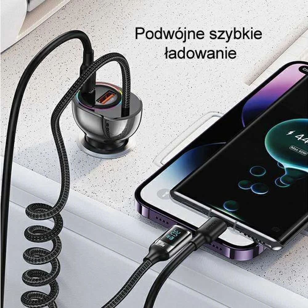 USAMS automobilinis įkroviklis C37 1xUSB+1xUSB-C 60W + kabelis Ligtning 30W PD+QC Fast Charge juodos spalvos CC193CC01 (US-CC193)