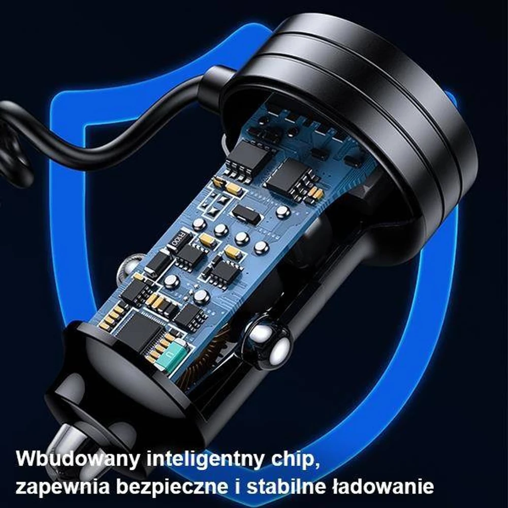 USAMS automobilinis įkroviklis 2xUSB-C 1xUSB-A C33 60W su spyruokliniu laidu Fast Charge juodas CC167CC01 (US-CC167)