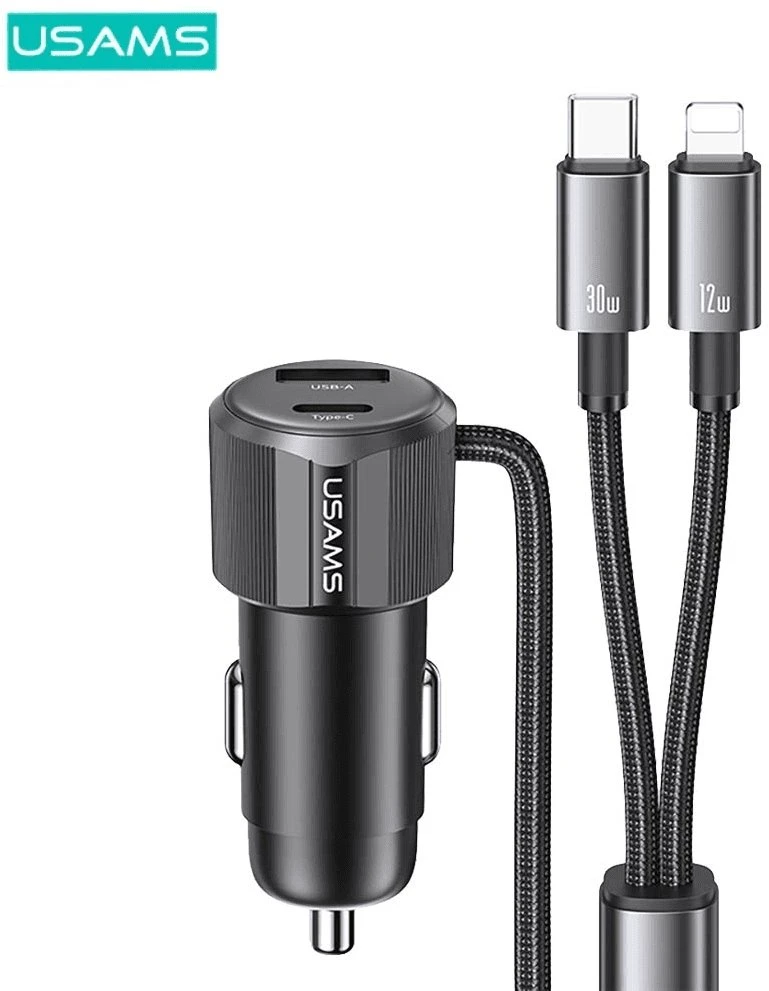 USAMS YT Series CC287 automobilinis įkroviklis 66W 1xUSB-A 1xUSB-C + 2in1 USB-C/Lightning Cable