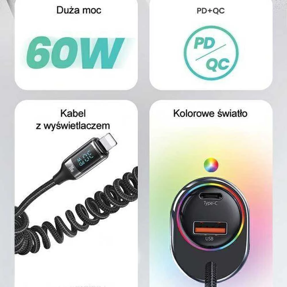 USAMS automobilinis įkroviklis C37 1xUSB+1xUSB-C 60W + kabelis Ligtning 30W PD+QC Fast Charge juodos spalvos CC193CC01 (US-CC193)