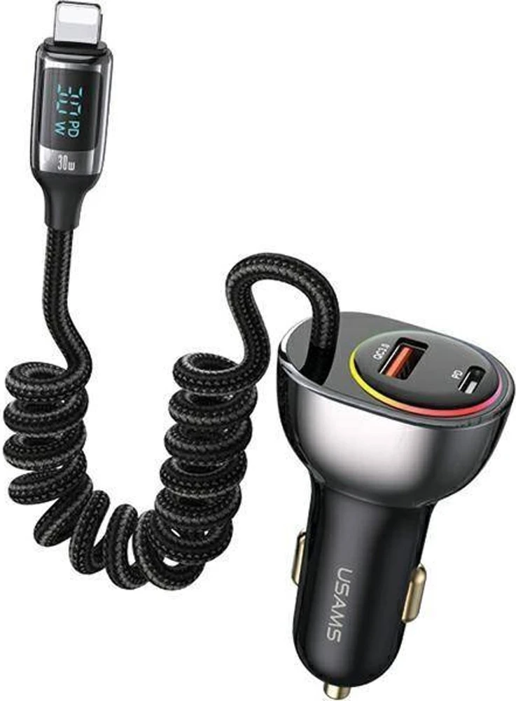 USAMS automobilinis įkroviklis C37 1xUSB+1xUSB-C 60W + kabelis Ligtning 30W PD+QC Fast Charge juodos spalvos CC193CC01 (US-CC193)