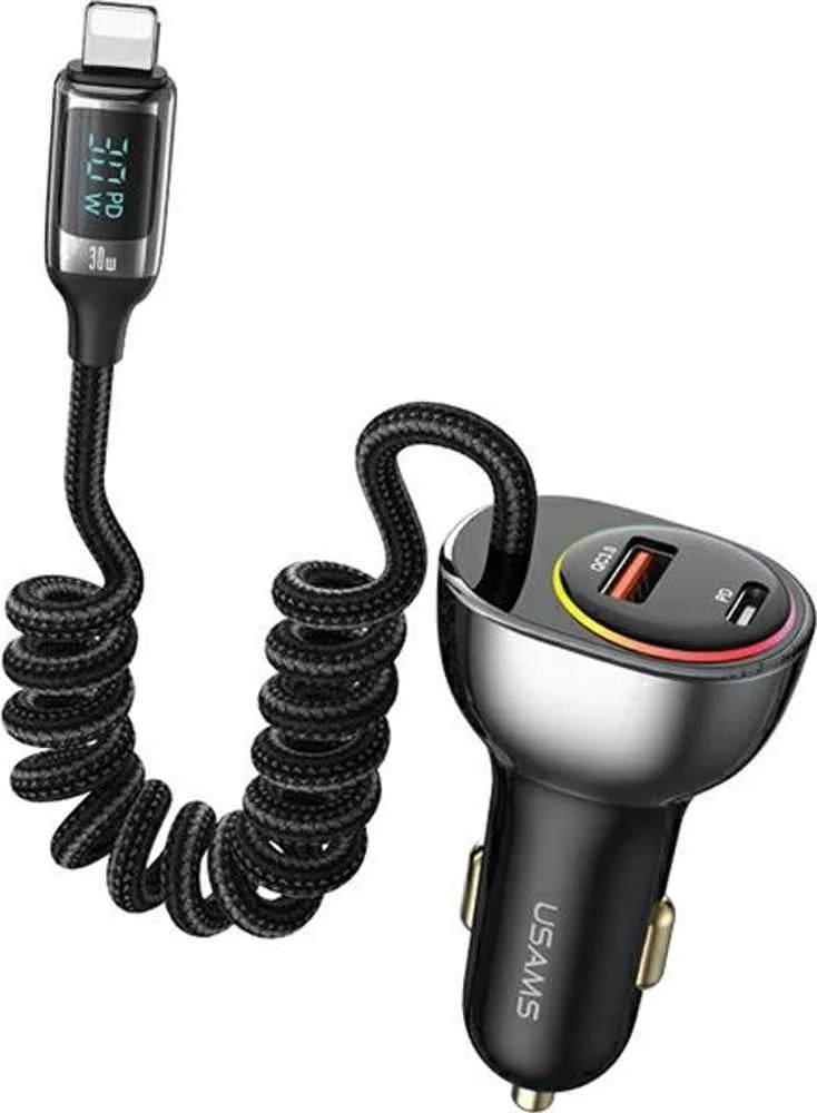 USAMS automobilinis įkroviklis C37 1xUSB+1xUSB-C 60W + kabelis Ligtning 30W PD+QC Fast Charge juodos spalvos CC193CC01 (US-CC193)
