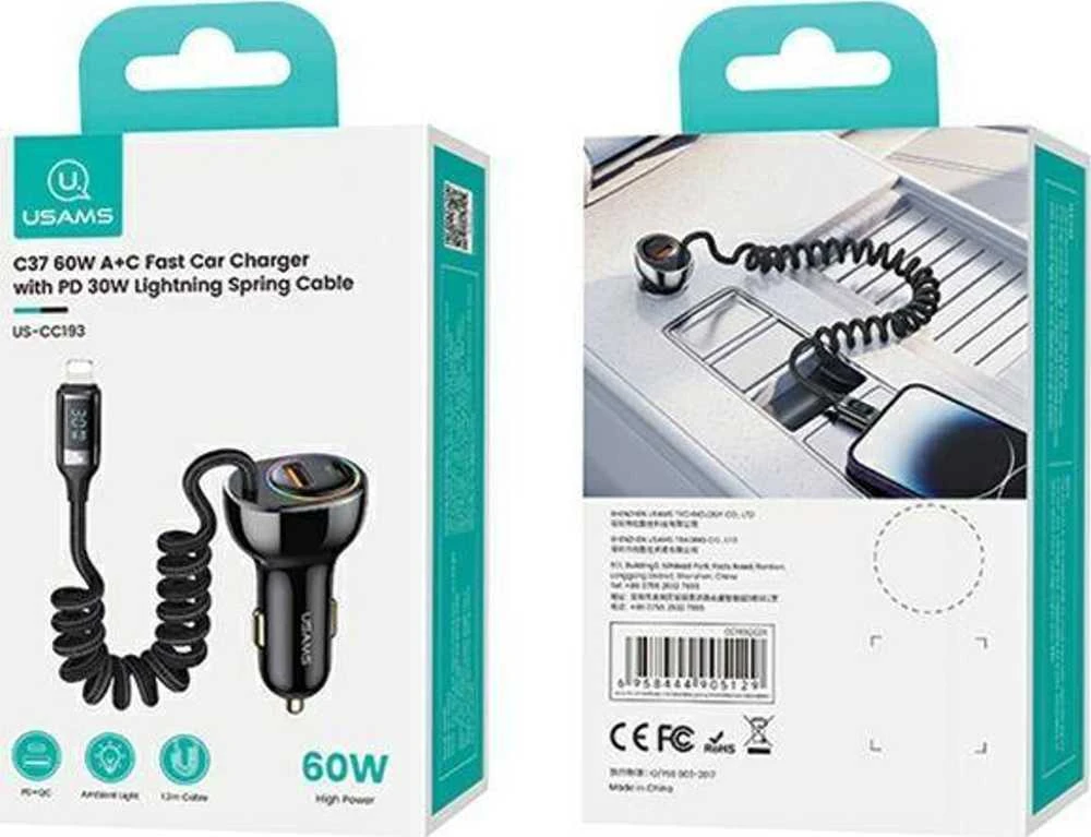 USAMS automobilinis įkroviklis C37 1xUSB+1xUSB-C 60W + kabelis Ligtning 30W PD+QC Fast Charge juodos spalvos CC193CC01 (US-CC193)