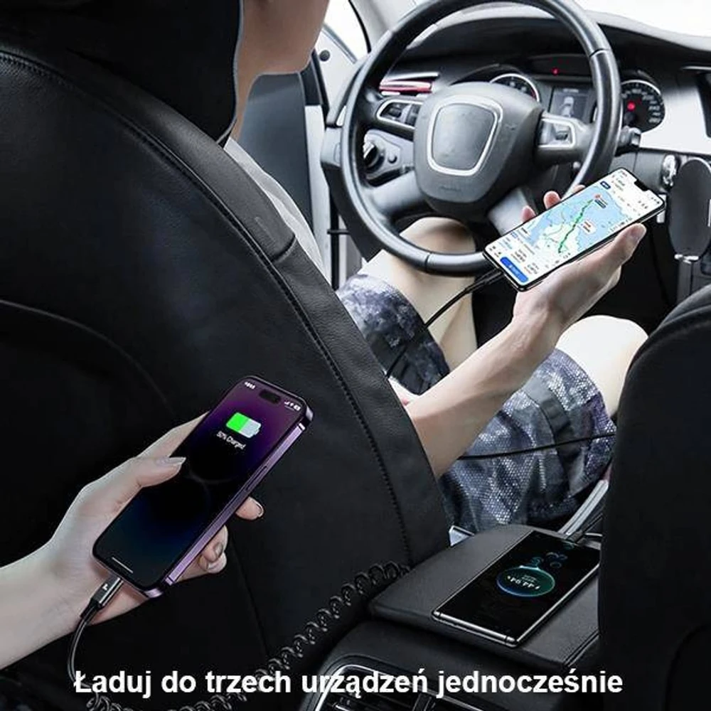 USAMS automobilinis įkroviklis 2xUSB-C 1xUSB-A C33 60W su spyruokliniu laidu Fast Charge juodas CC167CC01 (US-CC167)
