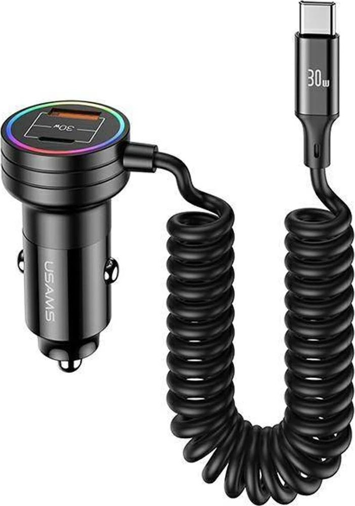 USAMS automobilinis įkroviklis 2xUSB-C 1xUSB-A C33 60W su spyruokliniu laidu Fast Charge juodas CC167CC01 (US-CC167)
