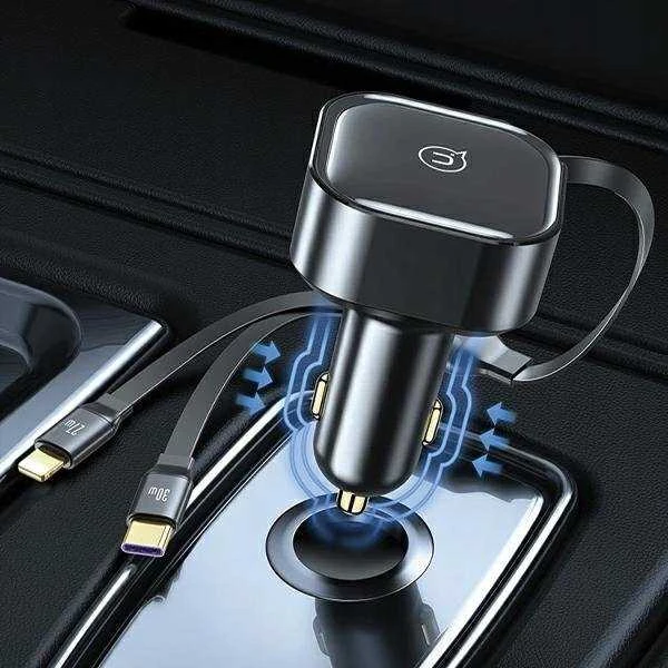 USAMS automobilinis įkroviklis with retractable cable 1xUSB-C+1x Lightning C41 PD 30W Fast Charge juodas/juodas CC2