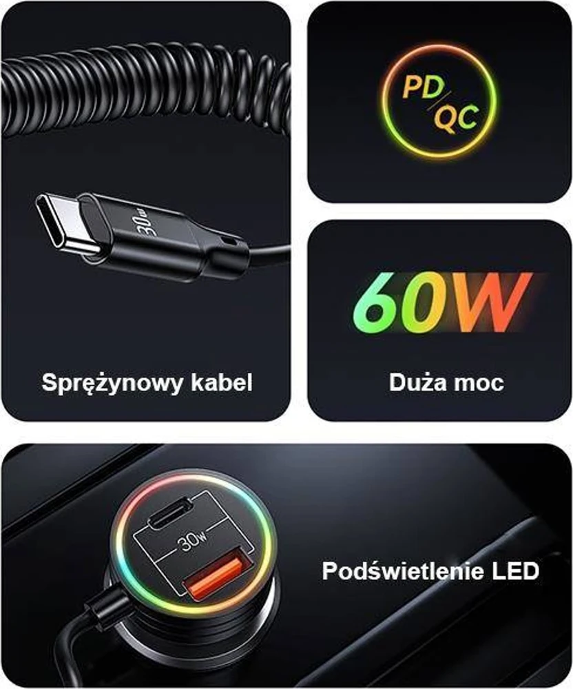 USAMS automobilinis įkroviklis 2xUSB-C 1xUSB-A C33 60W su spyruokliniu laidu Fast Charge juodas CC167CC01 (US-CC167)