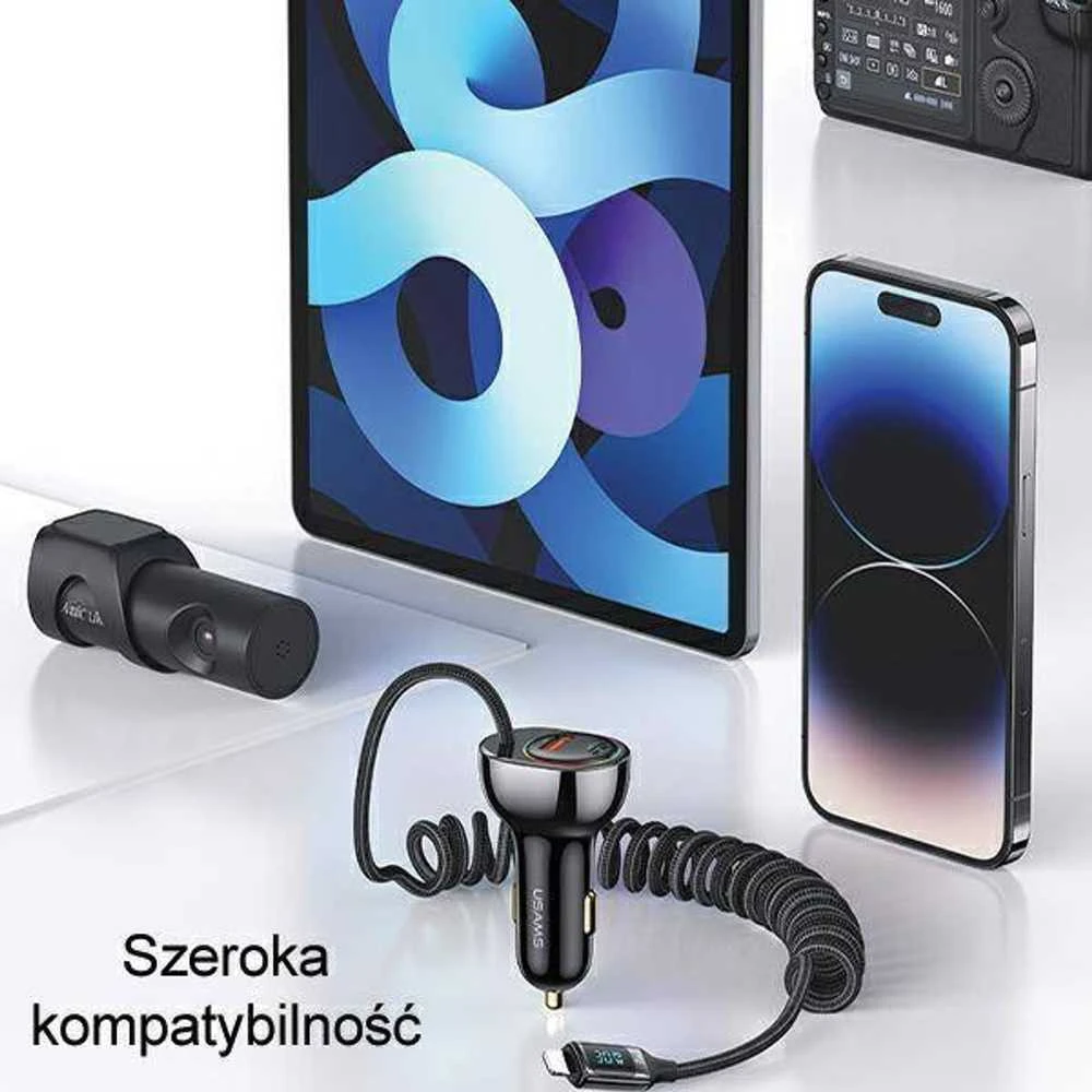 USAMS automobilinis įkroviklis C37 1xUSB+1xUSB-C 60W + kabelis Ligtning 30W PD+QC Fast Charge juodos spalvos CC193CC01 (US-CC193)