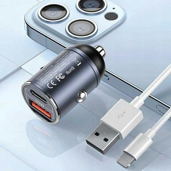 USAMS automobilinis įkroviklis 1xUSB+1xUSB-C C38 30WPD Fast Charge with Built-in Ring Violetinė CC206C