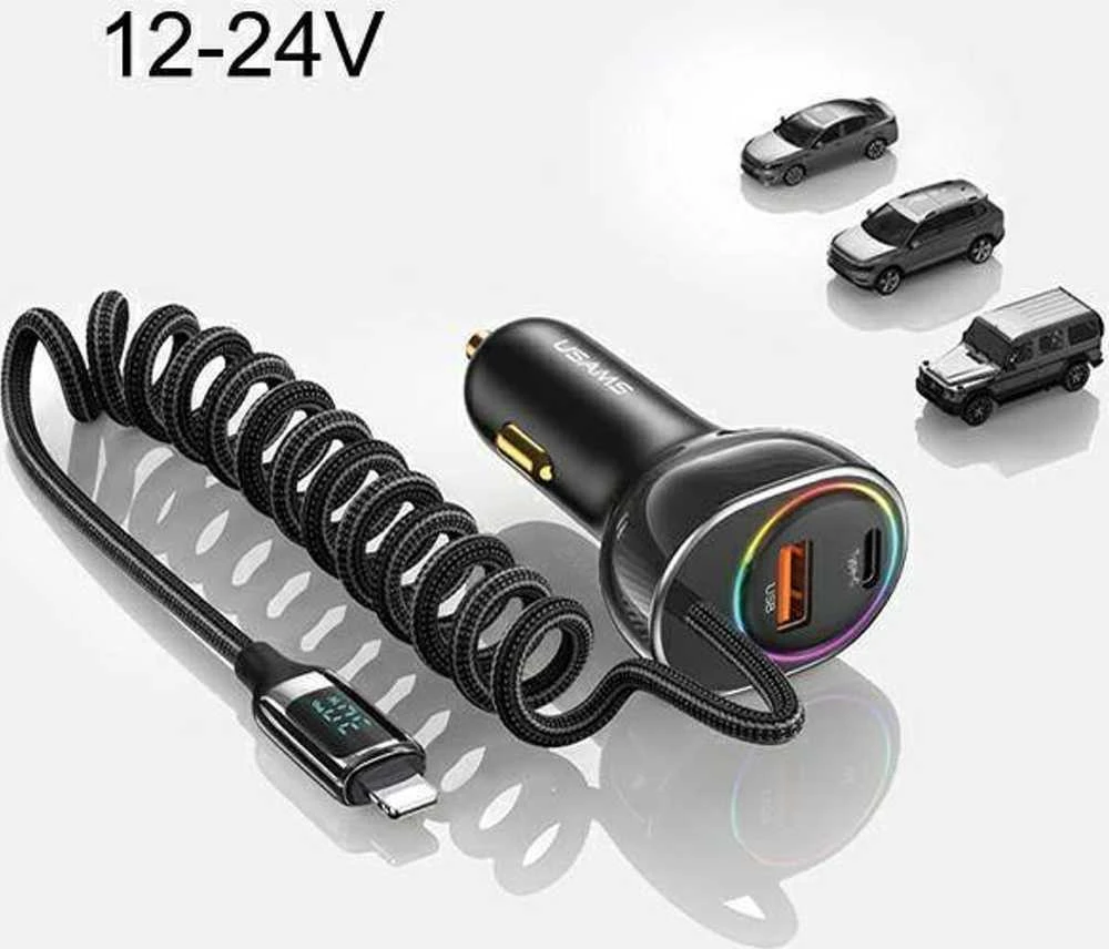 USAMS automobilinis įkroviklis C37 1xUSB+1xUSB-C 60W + kabelis Ligtning 30W PD+QC Fast Charge juodos spalvos CC193CC01 (US-CC193)