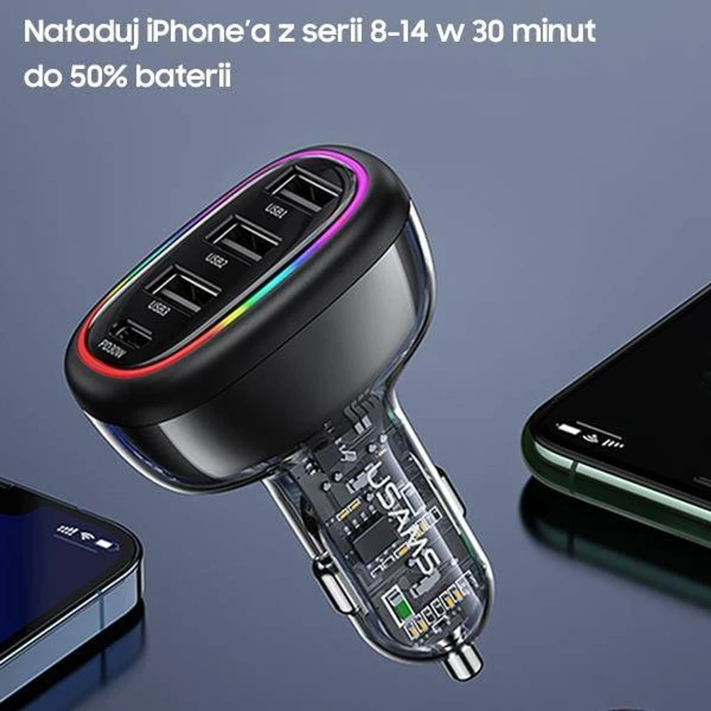 USAMS automobilinis įkroviklis 1xUSB-C 3xUSB-A C34 48W 3A+C PD greitasis įkrovimas juodas CC170CC01 (US-CC170)