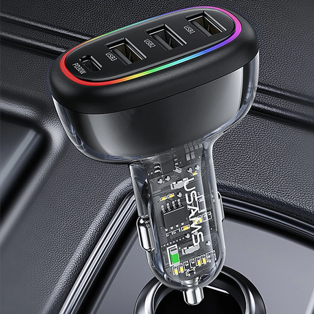 USAMS automobilinis įkroviklis 1xUSB-C 3xUSB-A C34 48W 3A+C PD greitasis įkrovimas juodas CC170CC01 (US-CC170)