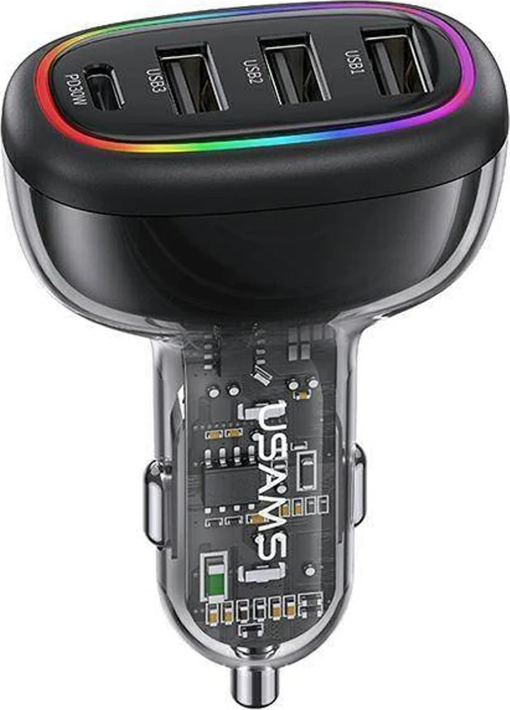 USAMS automobilinis įkroviklis 1xUSB-C 3xUSB-A C34 48W 3A+C PD greitasis įkrovimas juodas CC170CC01 (US-CC170)