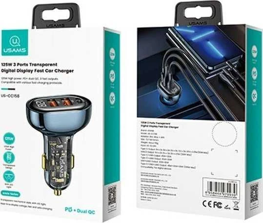 USAMS automobilinis įkroviklis 2xUSB+1xUSB-C 125W Fast Charge transparent mėlynas CC158CC02 (US-CC158)