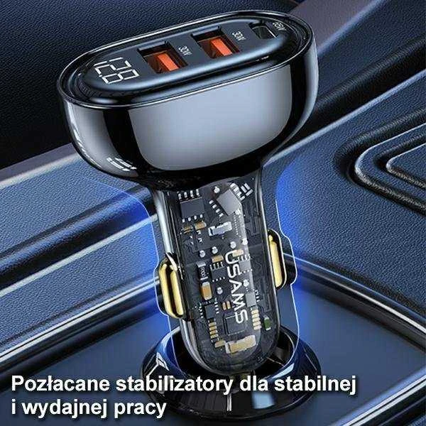 USAMS automobilinis įkroviklis 2xUSB+1xUSB-C 125W Fast Charge transparent mėlynas CC158CC02 (US-CC158)
