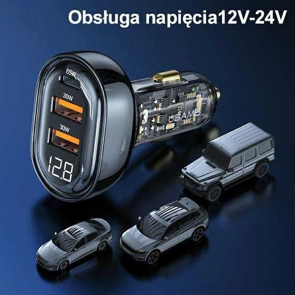 USAMS automobilinis įkroviklis 2xUSB+1xUSB-C 125W Fast Charge transparent mėlynas CC158CC02 (US-CC158)