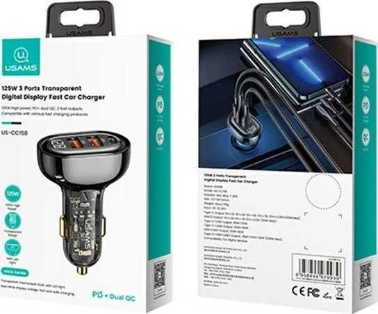 USAMS automobilinis įkroviklis 2xUSB+1xUSB-C 125W Fast Charge transparent juodas CC158CC01 (US-CC158)