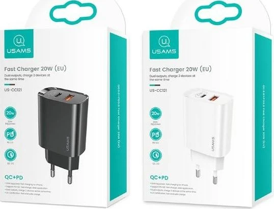 USAMS Tinklo įkroviklis 1xUSB-C+1xUSB T35 20W (only head) PD3.0 +QC3.0 Fast Charging baltos spalvos CC121TC01 (US-CC121)