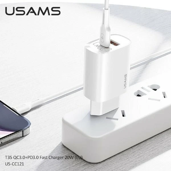 USAMS Tinklo įkroviklis 1xUSB-C+1xUSB T35 20W (only head) PD3.0 +QC3.0 Fast Charging baltos spalvos CC121TC01 (US-CC121)