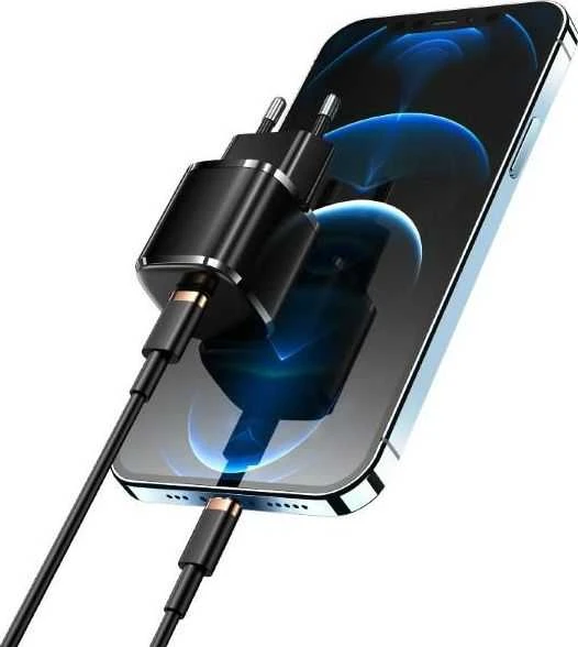 USAMS Laidinis įkroviklis 1xUSB-C T36 mini 20W + USB-C to Lightning cable juodos spalvos PD3.0 Fast Charging XFKXLO