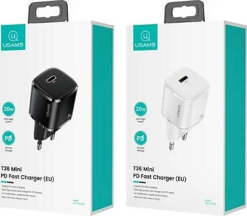 USAMS Laidinis įkroviklis 1xUSB-C T36 mini 20W + USB-C to Lightning cable juodos spalvos PD3.0 Fast Charging XFKXLO