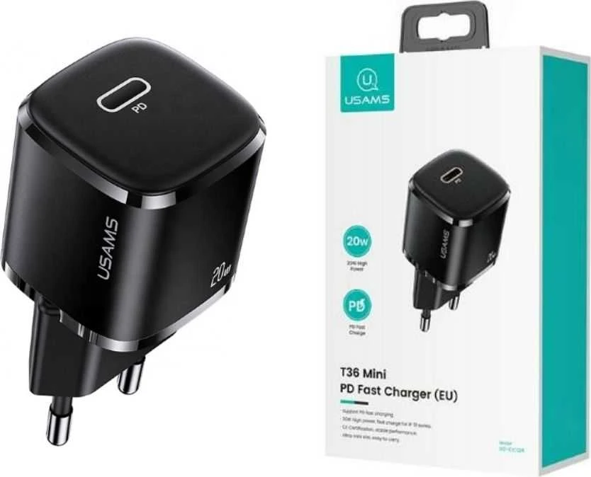 USAMS Laidinis įkroviklis 1xUSB-C T36 mini 20W + USB-C to Lightning cable juodos spalvos PD3.0 Fast Charging XFKXLO