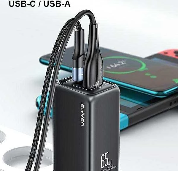 USAMS Laidinis įkroviklis 1xUSB-C+1xUSB T47 65W (only head) PD Fast Charging Super Si juodos spalvos CC153TC01(US-CC