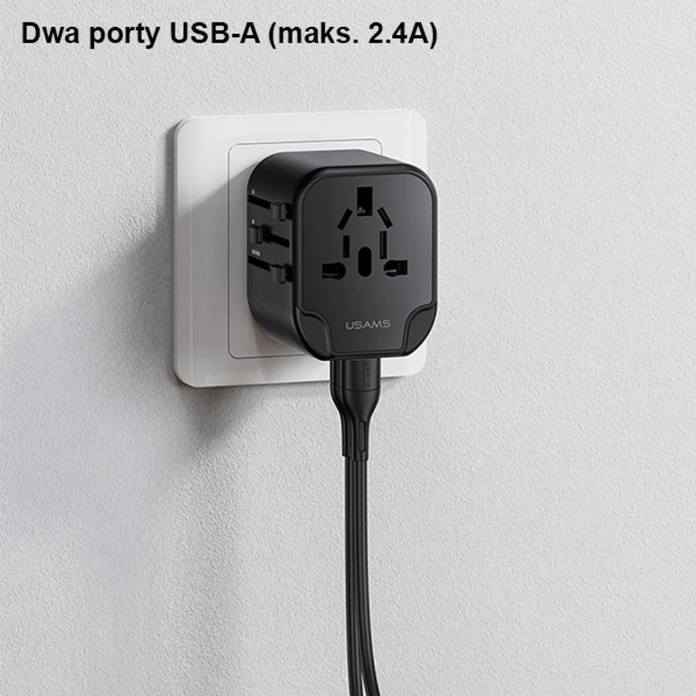 USAMS sieninis adapteris 2xUSB T55 12W 4-in-1 US/AU/EU/UK juodas CC173TC01 (US-CC173) universalus kelioninis įkroviklis
