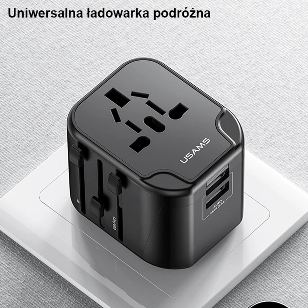 USAMS sieninis adapteris 2xUSB T55 12W 4-in-1 US/AU/EU/UK juodas CC173TC01 (US-CC173) universalus kelioninis įkroviklis