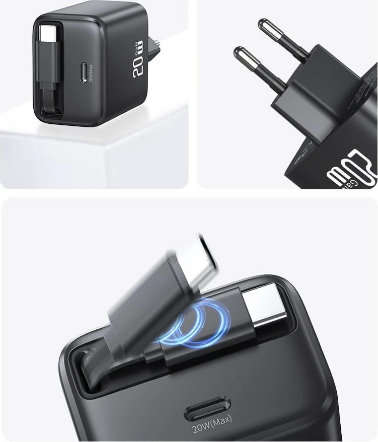 Usams SAMS įkroviklis 1xUSB-C su ištraukiamu USB-C laidu, PD+QC 20W GaN greitasis įkrovimas, juodos spalvos