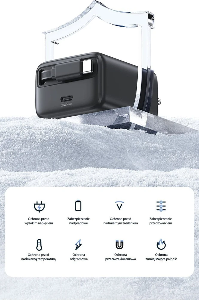 Usams SAMS įkroviklis 1xUSB-C su ištraukiamu USB-C laidu, PD+QC 20W GaN greitasis įkrovimas, juodos spalvos