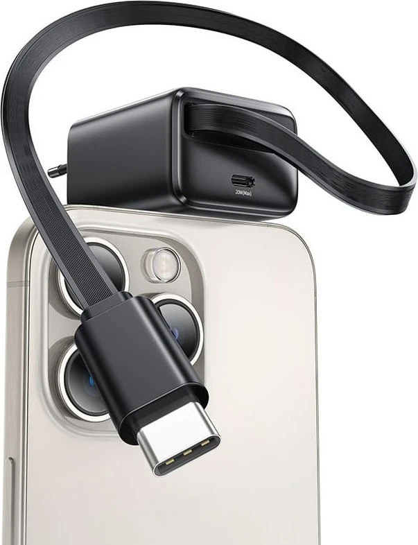 Usams SAMS įkroviklis 1xUSB-C su ištraukiamu USB-C laidu, PD+QC 20W GaN greitasis įkrovimas, juodos spalvos