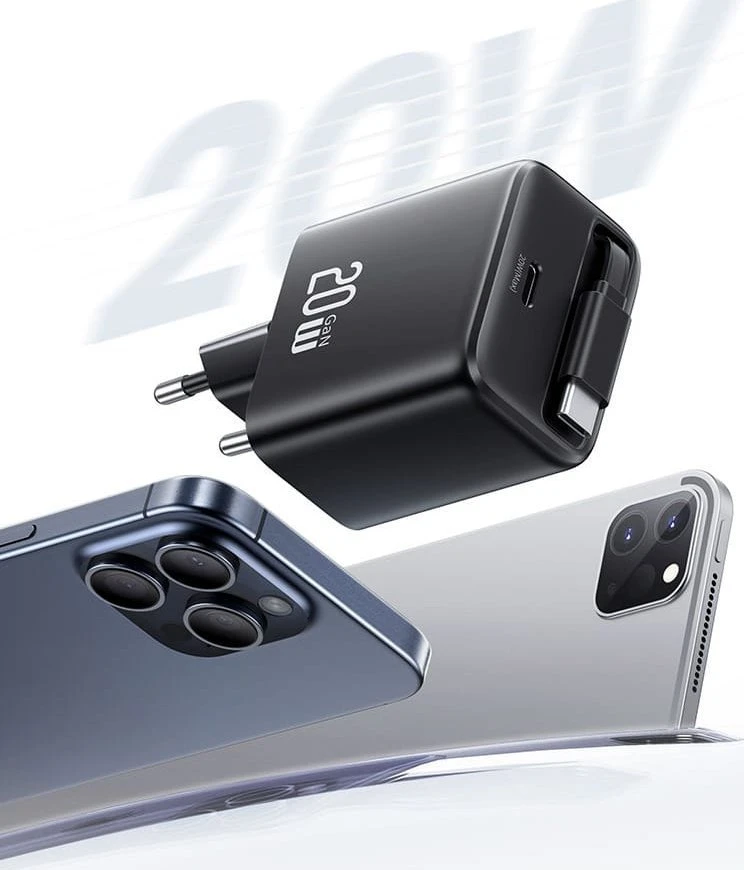 Usams SAMS įkroviklis 1xUSB-C su ištraukiamu USB-C laidu, PD+QC 20W GaN greitasis įkrovimas, juodos spalvos