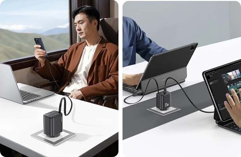 Usams SAMS įkroviklis 1xUSB-C su ištraukiamu USB-C laidu, PD+QC 20W GaN greitasis įkrovimas, juodos spalvos