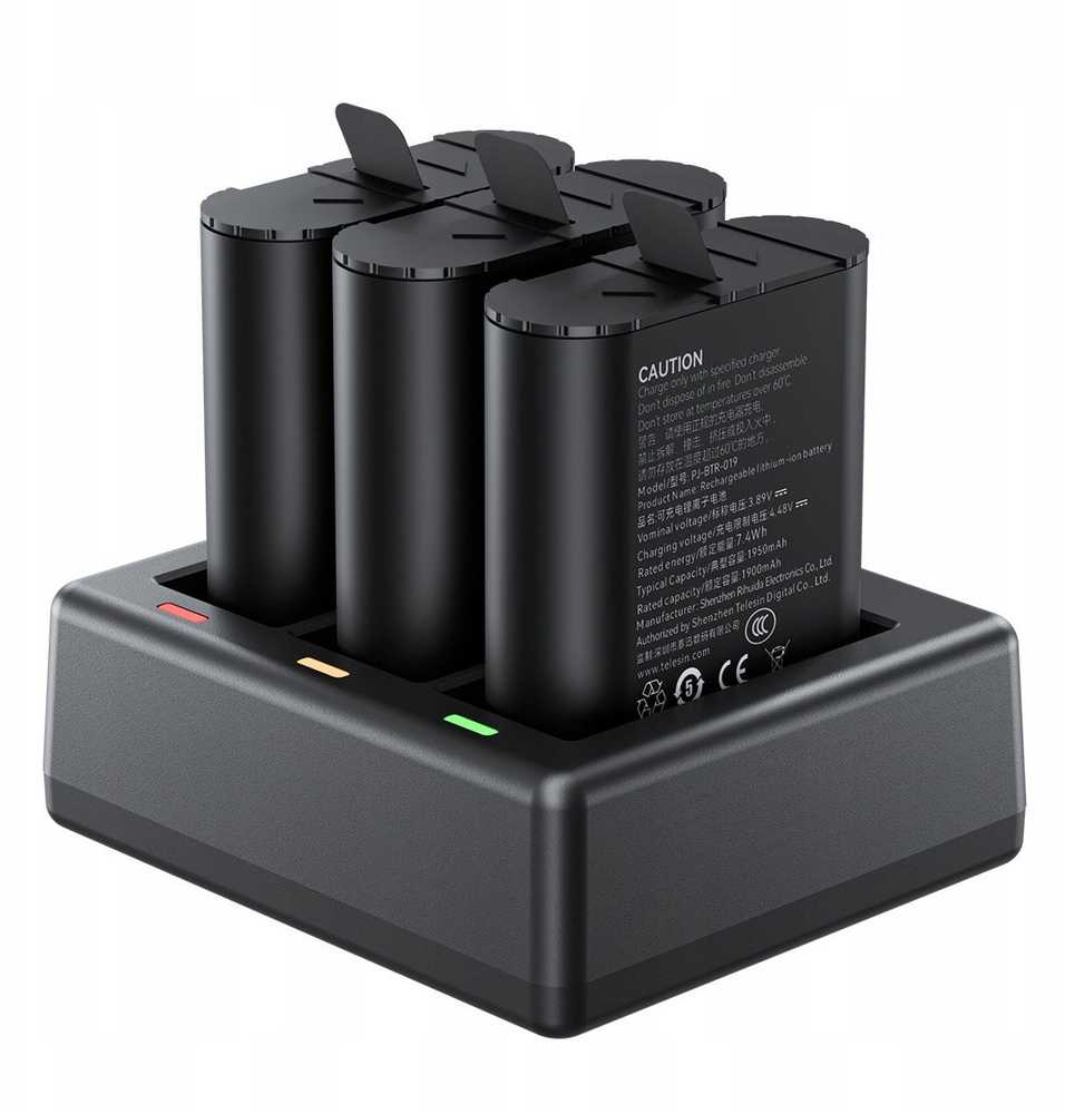 null Baterijų Įkroviklis - Telesin S0-ECB-07-TGP 3-Kanalo USB-C įkroviklis su 2x 1900mAh baterijomis