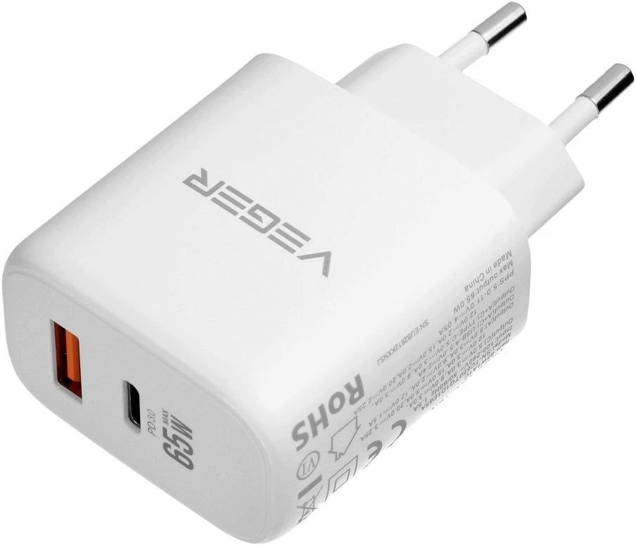Telefono įkroviklis VEGER USB A + Typ C PD QC3.0 3,25A 65W + laidas USB C į USB C TR67 baltas