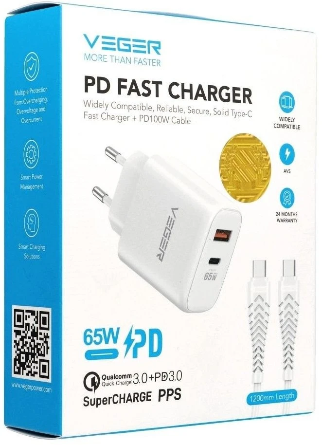 Telefono įkroviklis VEGER USB A + Typ C PD QC3.0 3,25A 65W + laidas USB C į USB C TR67 baltas