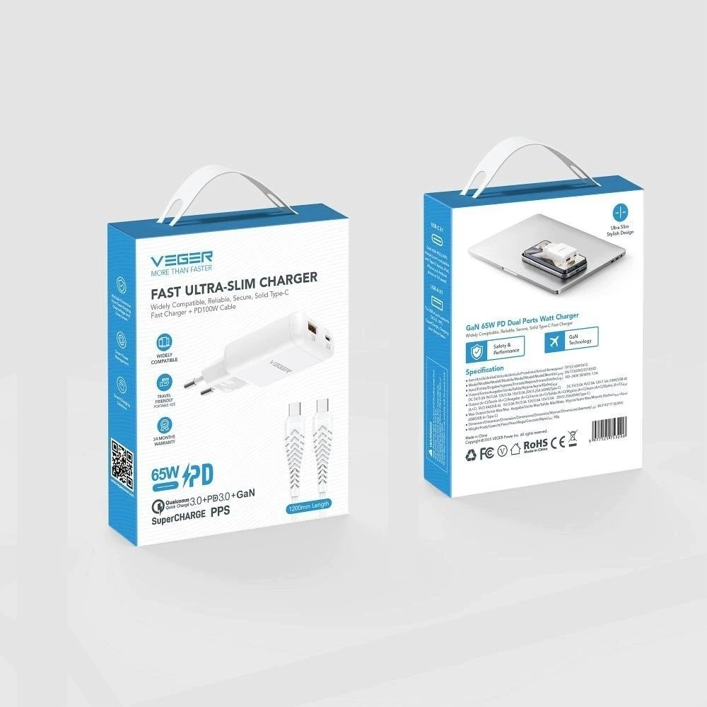 Telefono įkroviklis USB A + C tipo PD 65W + duomenų kabelis C tipo į C tipo 100W VEGER TR122 baltas