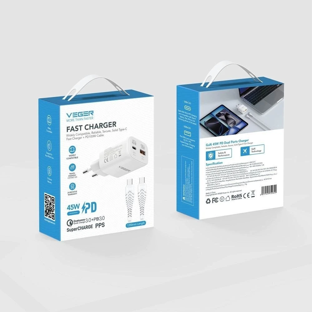 Telefono įkroviklis USB A + C tipo PD 45W + duomenų kabelis C tipo į C tipo 100W VEGER TR121 baltas
