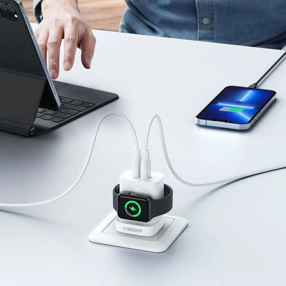 Įkroviklis VEGER (W002E) (1xUSB-C; 1xUSB; Watch; 25W) baltas