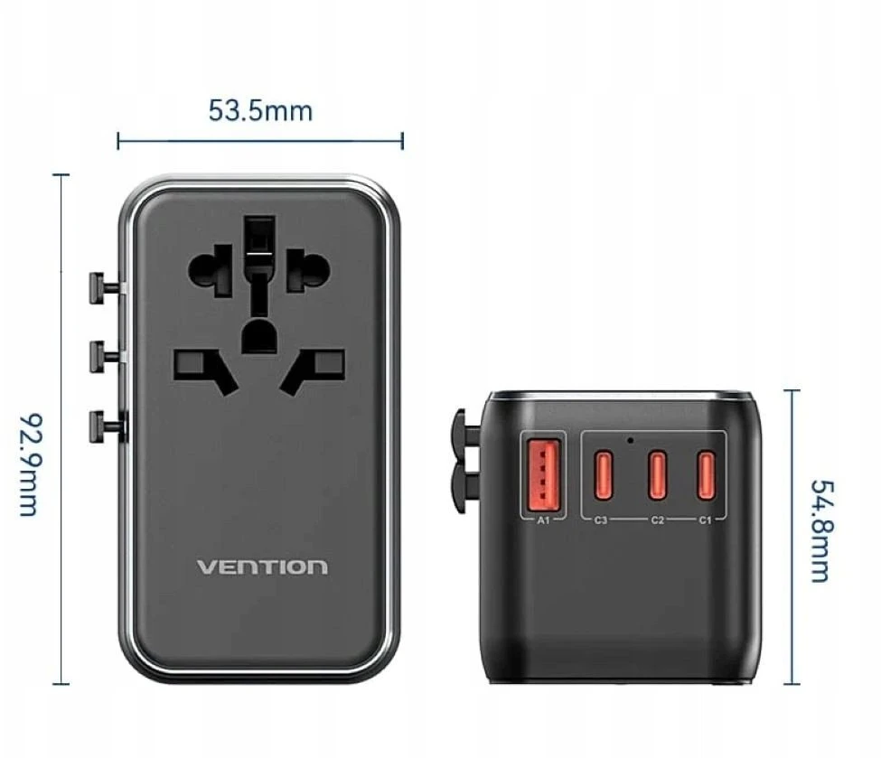 Adapteriai su „Vention“ 100 W įkrovikliu, 1xUSB-A, 3xUSB-C