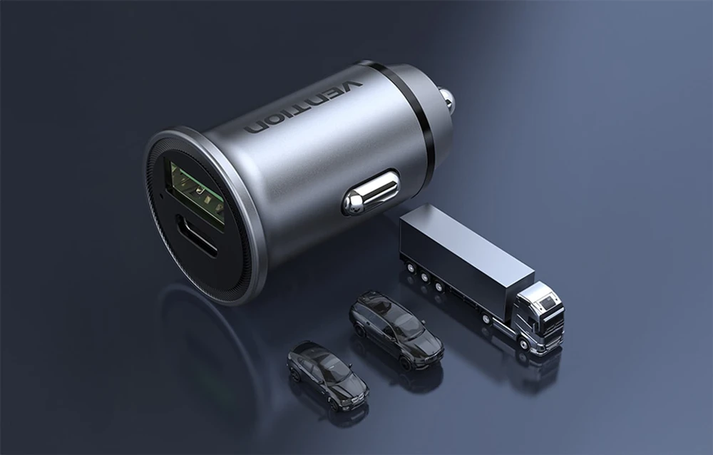 Vention Dviejų prievadų automobilinio įkroviklio ventiliacija FFBH0 USB A+C(18/20) Pilka