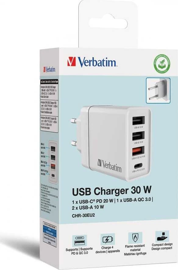Verbatim 30W Laidinis įkroviklis 3xUSB-A/USB-C PD 3.0 CHR-30EU2 baltos spalvos 49701